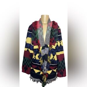 Vintage 90s Anthony Mark Hankins Colorful Tribal Fringe Tapestry Jacket